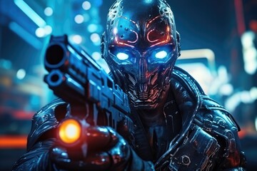Fototapeta premium In a futuristic world, a cybernetic soldier, equipped with high-tech helmet and weapon, stands ready for action under the blue neon glow, blending science fiction and warfare