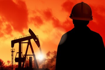 Back view thoughtful worker engineer silhouette against building construction gas oil pump industry equipment storage tank sunset evening time. Pipelines environment ecology pollution problem solution
