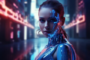 In a futuristic world, a beautiful female cyborg model with metallic features and glowing red and blue accents showcases the perfect blend of technology and glamour