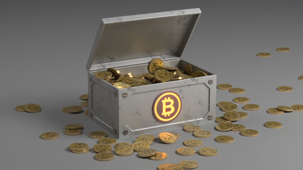 Golden Bitcoins in and around a treasure casket (3d rendering on light grey background)