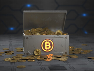 Golden Bitcoins in and around a treasure casket in Sci-Fi setting (3d rendering)