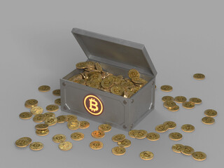 Golden Bitcoins in and around a treasure casket (3d rendering isolated from background with alpha channel)