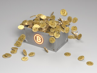 Bitcoins falling in a futuristic treasure casket and pouring around (3d rendering on light grey background)