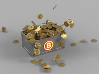 Bitcoins falling in a futuristic treasure casket and pouring around (3d rendering isolated from background with alpha channel)
