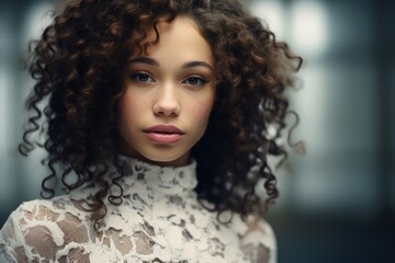 Fototapeta premium In the warm summer outdoors, a confident and stylish African American woman with natural curly hair smiles joyfully, radiating happiness and beauty
