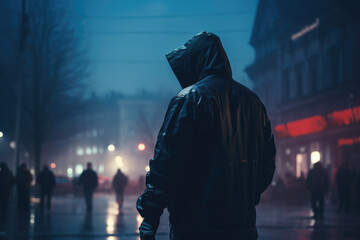 In the eerie darkness of the city at night, an anonymous figure roams the rainy streets, shrouded in mystery and danger, creating a sense of unease and intrigue. - obrazy, fototapety, plakaty