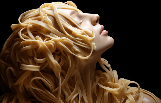 Portrait of a woman with a italian home made pasta on head instead of hair. Girl with food hair style. Food on face.