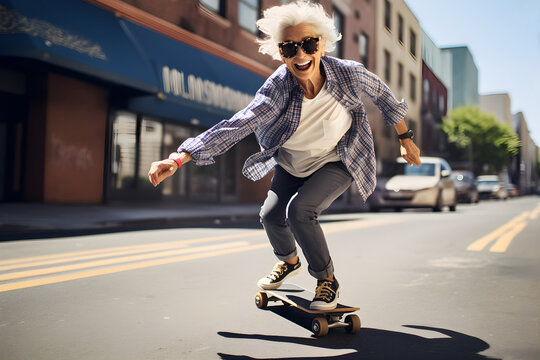 Active Aging: Joyful Senior Lady Skateboarding in the City. Generative ai
