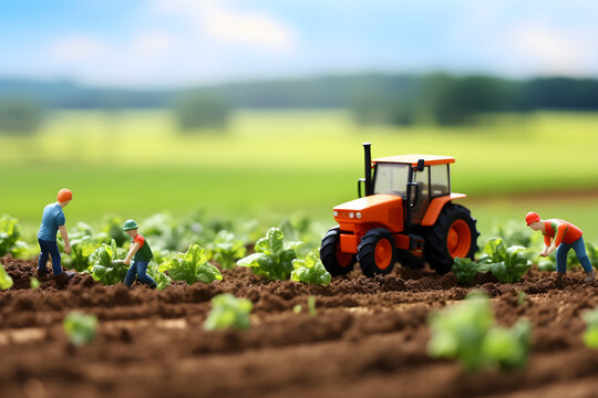 Miniature farmer with tractor on field. Selective focus. Agriculture concept. Generative ai