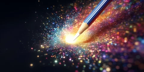 Fotobehang Multicolor sparkling glitters and colorful pigments exploding from the tip of a colored pencil as it touches the paper, conceptual illustration for creativity, magic idea and artistic inspiration © mozZz