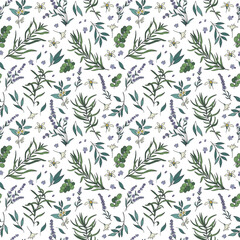 Seamless vector floral pattern with lavender and tarragon. Botanical ornament for fabric and packaging