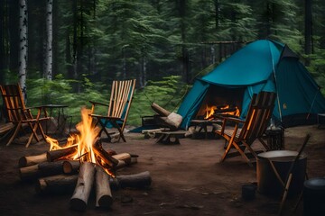 Beautiful bonfire with burning firewood near chairs and camping tent in forest. Campfire by a chairs and a tent.