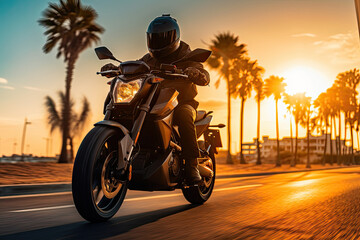 Embracing the thrill of the open road: A biker enjoying the freedom of a motorcycle journey at sunset.