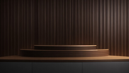 3d rendering of minimal product display podium, Luxury dark wooden background