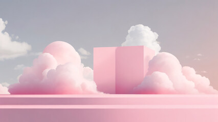 3d render of pink podium with white clouds in the sky