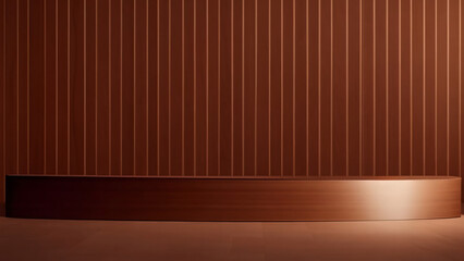 Brown wooden podium with wooden wall, 3D render