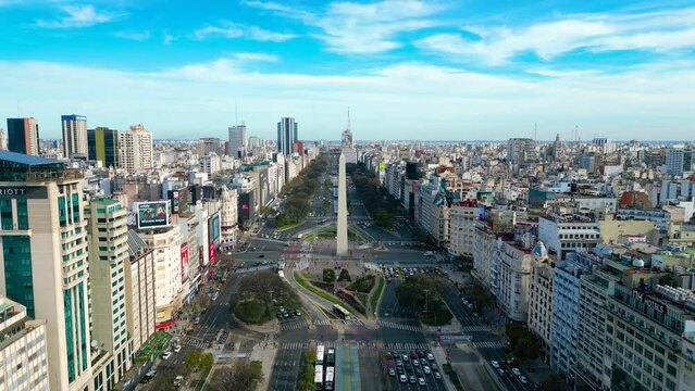 Buenos Aires, Argentina, October 2023 - Stunning landscape of famous 9th July Avenue at downtown Buenos Aires Argentina. Buenos Aires Obelisk. Obelisk at downtown district.
