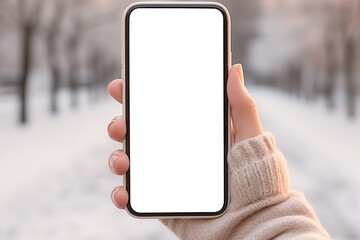 Smartphone in female hands in the winter forest. Sunny winter day. mobile smart phone mockup, empty white display - obrazy, fototapety, plakaty