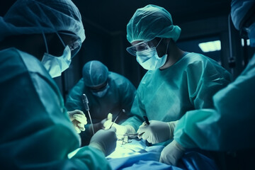 Professional Surgical Doctorş Team operating surgery a patient in the operating room at the Professional hospital. Healthcare and Medical Concept. - obrazy, fototapety, plakaty
