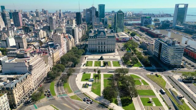 Aerial Drone Fly Above Kirchner Cultural Center and Pink House Casa Rosada Buenos Aires Argentina at Night near Plaza de Mayo
