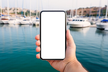 Businessman holding smartphone with blurred yacht marine background. White screen, mockup. People tourism travel and spare time concept. modern mobile phone with blank screen with harbor background - obrazy, fototapety, plakaty