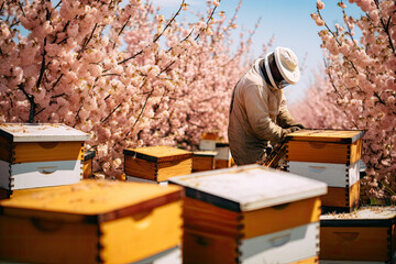 Man beekeeper with bee hives in spring blooming trees .
