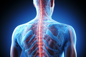 Human body backbone shoulders bone arthritis neuron connection beam spine pain illuminated medical clinic 3d X-ray illness treat health pathology anatomy physiology joint science osteoporosis diagnose - obrazy, fototapety, plakaty