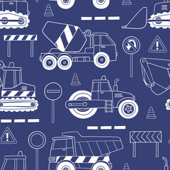 Hand drawn construction trucks and bulldozers seamless vector pattern. Perfect for textile, wallpaper or nursery print design.
