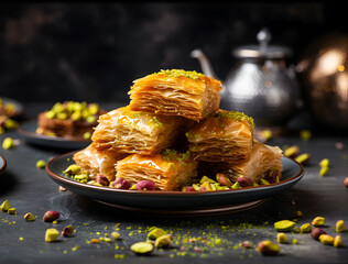 Pistachio Baklava, Traditional Turkish Baklava On A Dark Background. Dessert Food