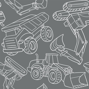 Hand drawn construction trucks and bulldozers seamless vector pattern. Perfect for textile, wallpaper or nursery print design.
