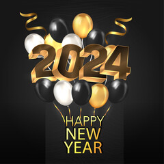 New year 2024 celebrations gold greetings poster isolated over black background.