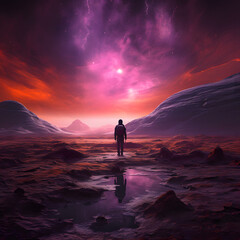 Fototapeta na wymiar Sci-Fi art image of a lone astronaut standing on a desolate alien planet