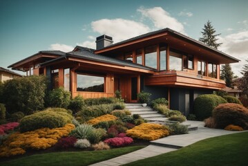 Modern wooden house with a beautiful landscaped garden in the autumn.