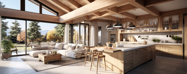Fototapeta premium Modern stylish living room and kitchen with big windows.