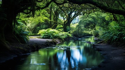 The beautiful and quiet serene of a hidden pond deep in the lush green forest 