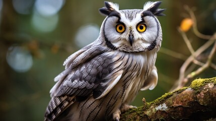 Obraz premium A long-eared owl with bright orange eyes perches on a mossy branch in the forest.