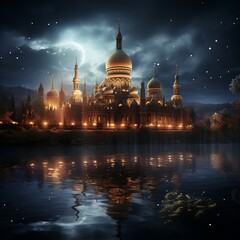 Obraz premium A mosque with moon at night, at the bottom view