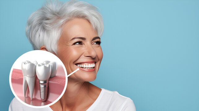 Portrait of a beautiful smiling senior woman with gray hair and white perfect teeth isolated on a blue studio background with copy space. Dental care. Dental prosthetics. Dentistry concept.