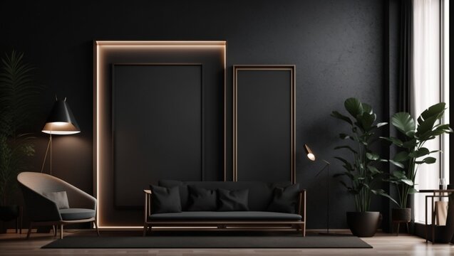 Modern dark home interior background, wall mock-up, 3D render