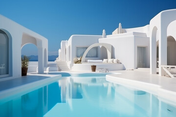 White architecture on Santorini island, Greece. Luxury resort swimming pool in Santorini, Greece. Generative AI