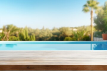 Fototapeta na wymiar Empty wooden table top and blurred outdoor pool, spa on the background. Copy space for your object, product presentation. Display, promotion, advertising. Holiday, vacation, relax mood.