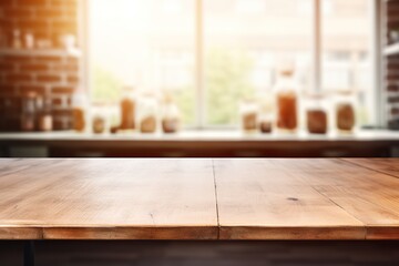 Empty wooden table top and blurred kitchen interior on the background. Copy space for your object, product, food presentation. - obrazy, fototapety, plakaty