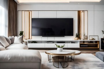 Fototapeta na wymiar strategic placement of a plush white sofa opposite a beautifully designed TV unit in a minimalist luxury home, where simplicity and elegance coalesce to create a haven of modern comfort.