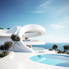 Luxury residential minimalist villa with pool and ocean on horizon. Generative AI