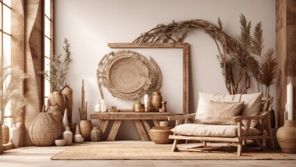 Mock-up frame in home interior background, white room with natural wooden furniture, Scandi-Boho style, 3D render