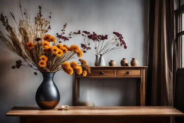 A glimpse into a tranquil home interior reveals a wooden table supporting a vase filled with a bunch of dried flowers. The wall behind it remains unadorned and pristine.