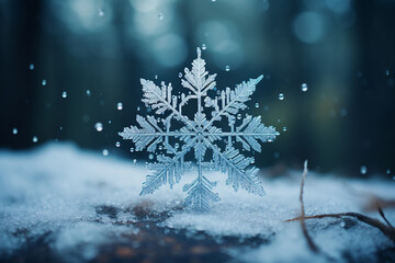Fototapeta na wymiar Photograph a snowflake caught in a gentle cascade, highlighting its uniqueness against a wintry background, creating a visually stunning composition that emphasizes the individuali