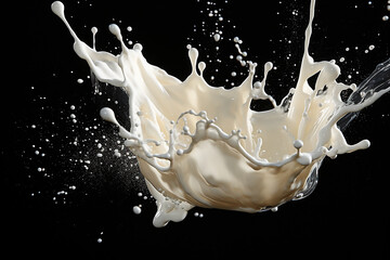 Pouring milk into a glass with splashes on a black background