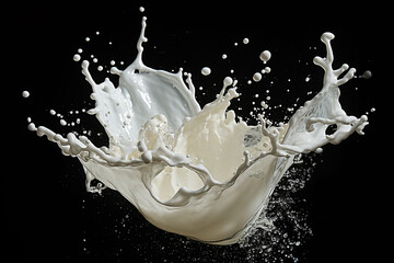 Pouring milk into a glass with splashes on a black background - obrazy, fototapety, plakaty