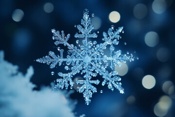 Photograph a snowflake caught in a gentle cascade, highlighting its uniqueness against a wintry background, creating a visually stunning composition that emphasizes the individuali